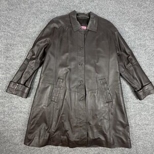 Excelled Leather Coat Womens Large Brown Button Front Lined Overcoat Mid Length